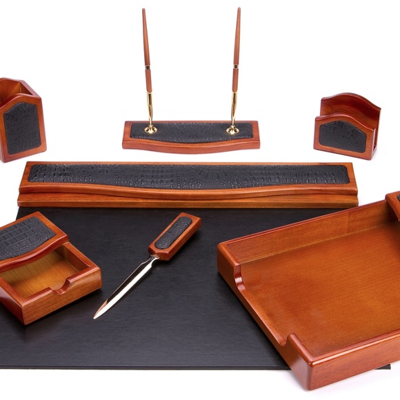 Majestic Goods Office 7 Pcs Brown Oak Wood Wblack Leather Desk